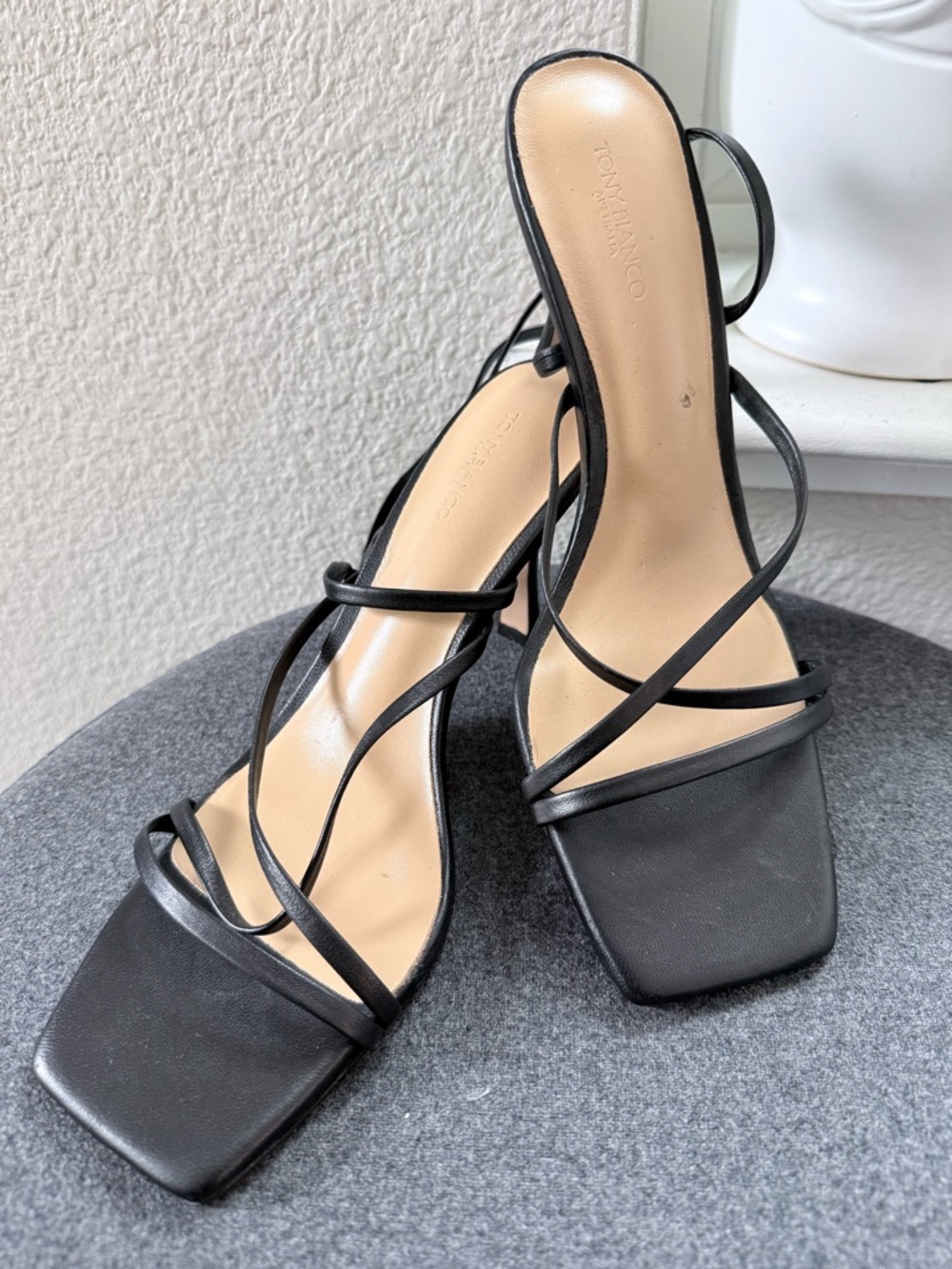 Tony Bianco Black Strappy Heels Square Toe Minimalist Sandals Size 7.5